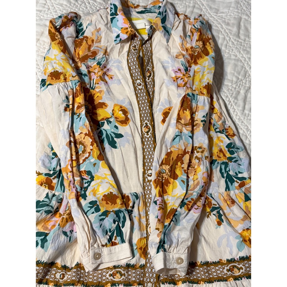 Anthropologie Postmark Floral Tiered Mini Dress XS Yellow Boho Button Front - Picture 4 of 14